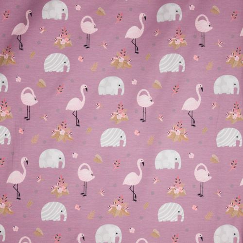 Lila tricot met olifanten en flamingo's