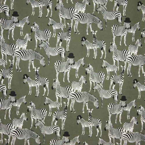 Sweater stof met zebra print op kaki achter grond
