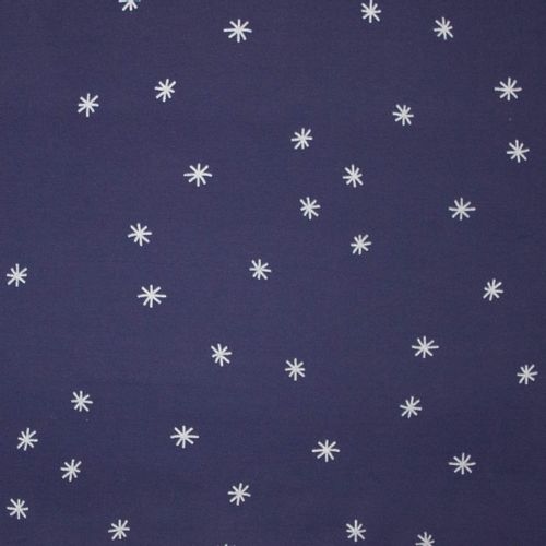 Donkerblauwe sweaterstof met zilveren sterren, en een dun fleece laagje aan de achterkant.