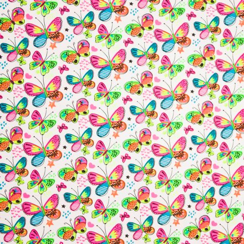 katoen tricot witte achtergrond met kleurrijke neon vlinders