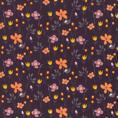 Donker paarse tricot met oranje-mauve bloemen
