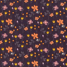 Donkerpaarse tricot met oranje en mauve bloemen