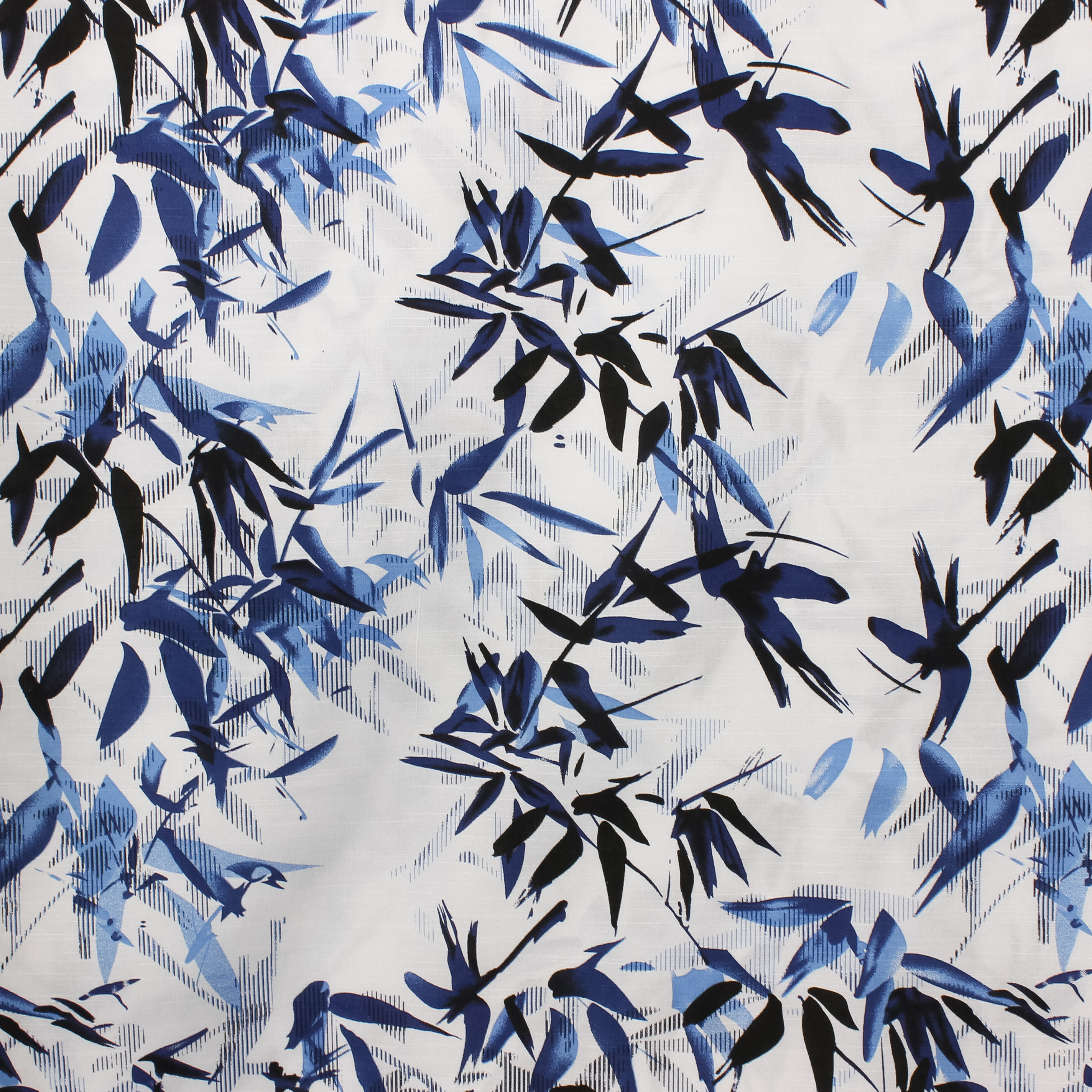 Witte polyester met blauwe bladeren - linnenstructuur