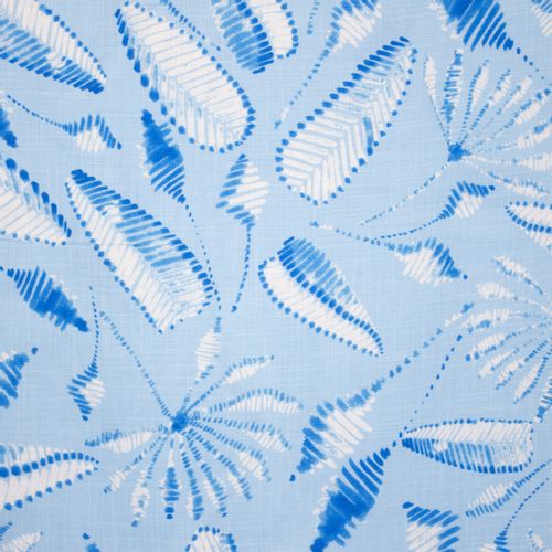 Blauw / witte viscose linnen mengeling met bladeren - stoffen van leuven