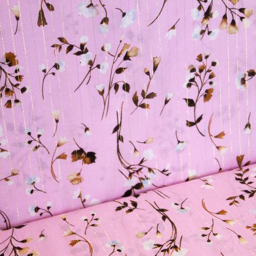 Roze viscose met bloemen en gouden strepen