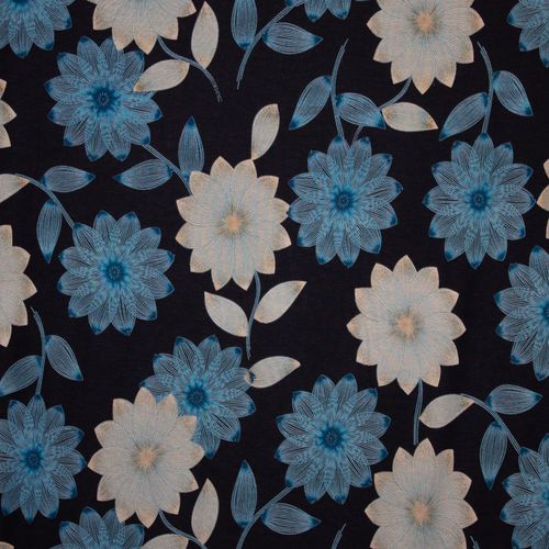Zwarte Tricot met Blauwe en Witte Bloemen