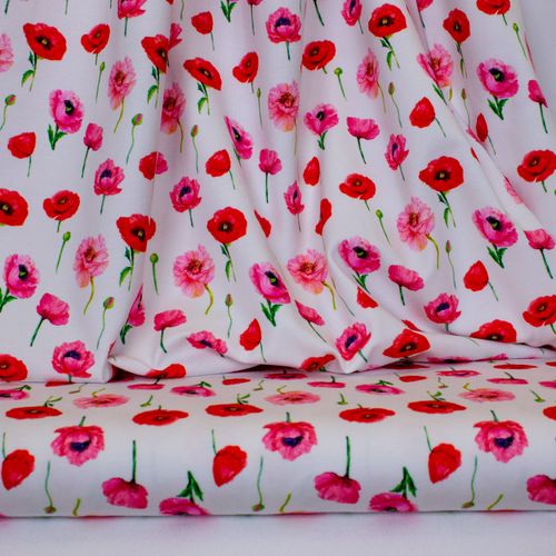 Witte katoen tricot met rode en roze bloemen - Stenzo