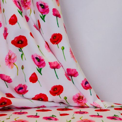 Witte katoen tricot met rode en roze bloemen - Stenzo