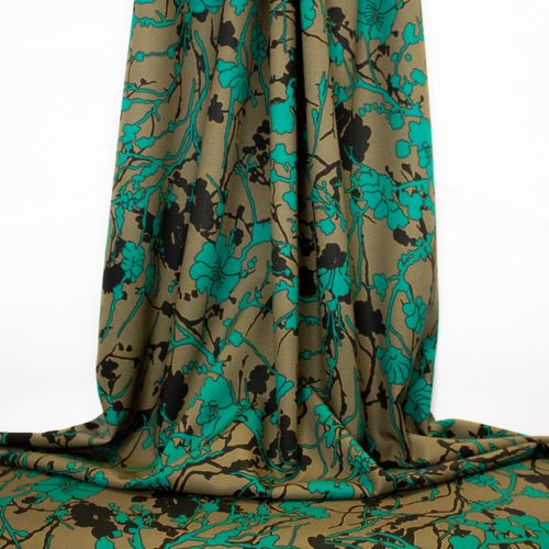Kaki Polyester Stretch met Turquoise Patroon