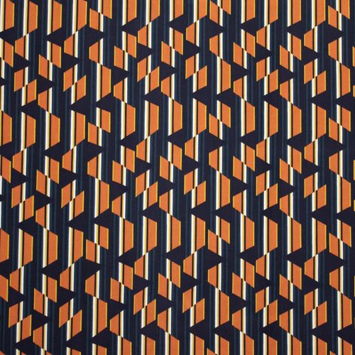 Viscose met blauw / oranje abstract patroon - stoffen van leuven