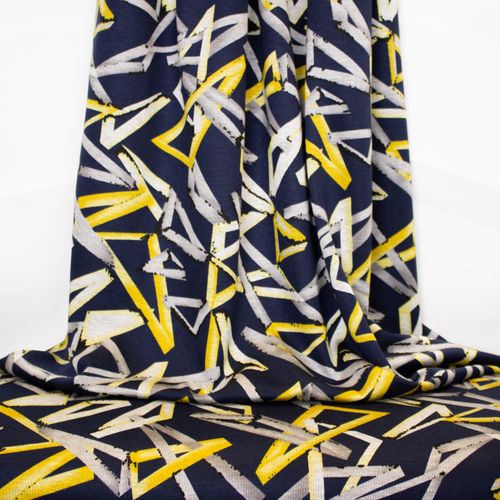 Donkerblauwe polyester / viscose mengeling met abstract patroon in grijs en geel