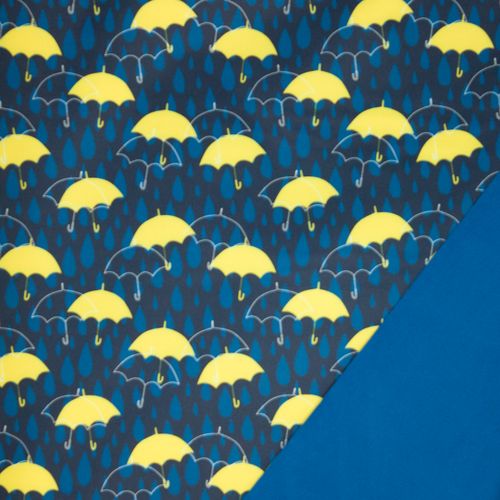 Blauwe softshell met gele parapluutjes