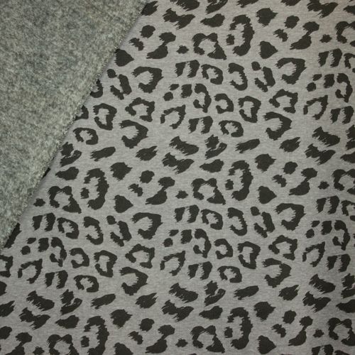 Grijze gemêleerde sweaterstof met pantervlekken, achterkant grijs pelsje