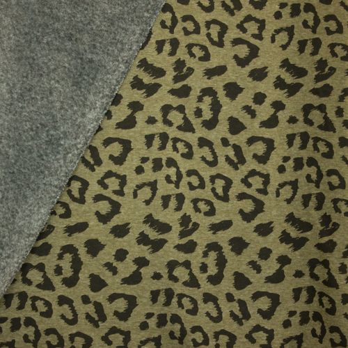 Kaki gemêleerde sweaterstof met pantervlekken, achterkant grijs pelsje