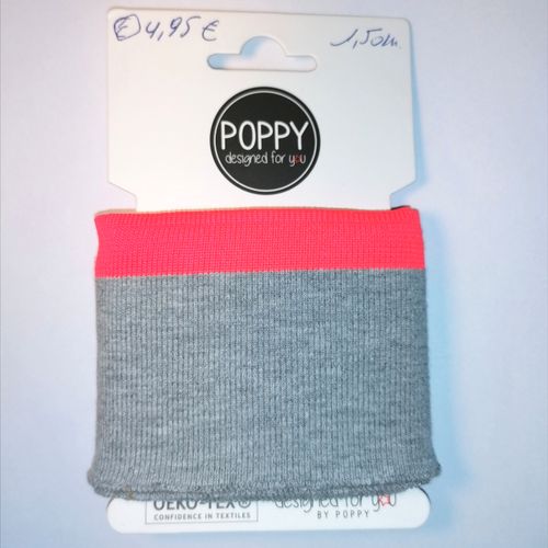 Grijze  cuff (boordstof) met fluo roze rand van Poppy
