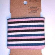 Cuff (boordstof) met blauwe, bruine, witte en roze strepen