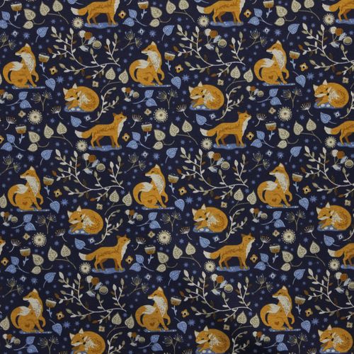Blauwe polyester katoen met vossen en takjes, zachte achterzijde