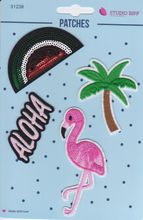 4 Opstrijkbare stoffen & pailletten applicaties - watermeloen / palmboom / flamingo / 'aloha'