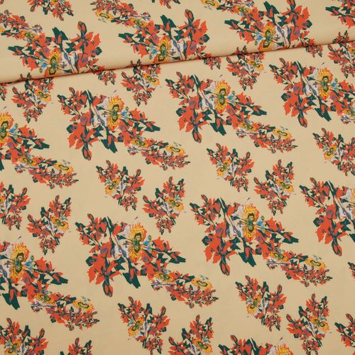Beige polyester crêpe tricot met bloemen - Knipmode Collectie Lente-Zomer 2022 - stoffen van leuven