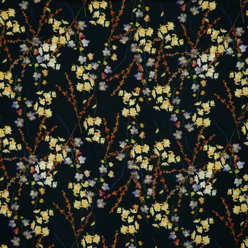 Zwarte viscose met gele bloemen van Poppy - stoffen van leuven