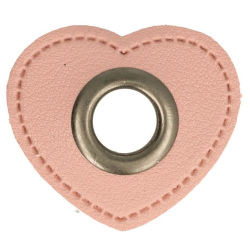 Nestelogen (nikkel 11 mm) op roze imitatieleder hart (37 mm) stoffen van leuven