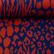 Jacquard tricot blauw met oranje dierenprint 'Mira'