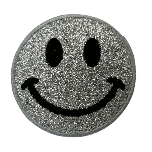 Applicatie - smiley / lachend gezichtje in zilveren glitter - 5 cm  - stoffen van leuven