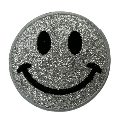 Applicatie - smiley / lachend gezichtje in zilveren glitter - 5 cm