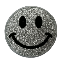 Applicatie - smiley / lachend gezichtje in zilveren glitter - 5 cm