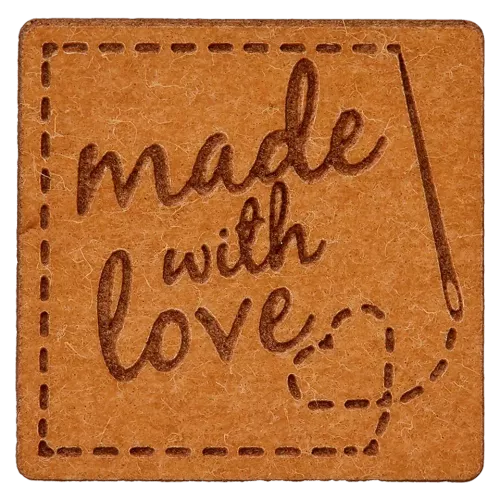 Label 'Made with love' - bruin imitatieleer 20 x 20 mm - stoffen van leuven