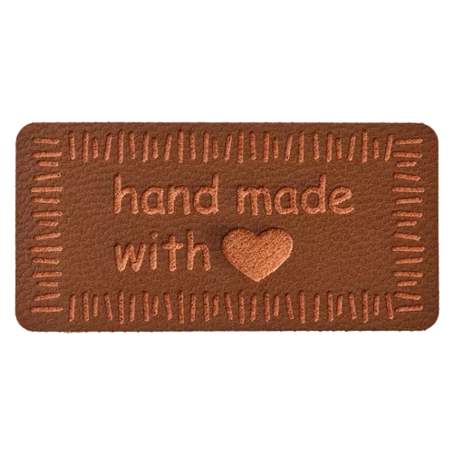 Label 'handmade with love' - bruin imitatieleer 40 x 20 mm - stoffen van leuven
