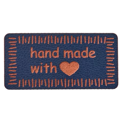Label 'handmade with love' - blauw imitatieleer 40 x 20 mm - stoffen van leuven