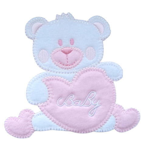 Applicatie - witte beer met roze hart met tekst 'baby' - 12 x 11 cm - stoffen van leuven