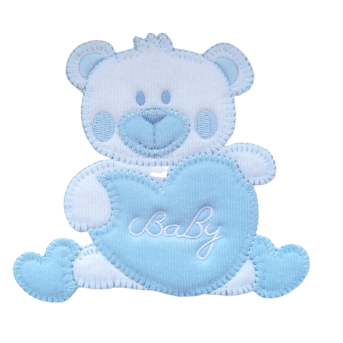 Applicatie - witte beer met blauw hart met tekst 'baby' - 12 x 11 cm - stoffen van leuven