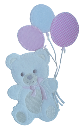 Applicatie - beer met ballonnen in wit en roze - 17 x 12 cm - stoffen van leuven