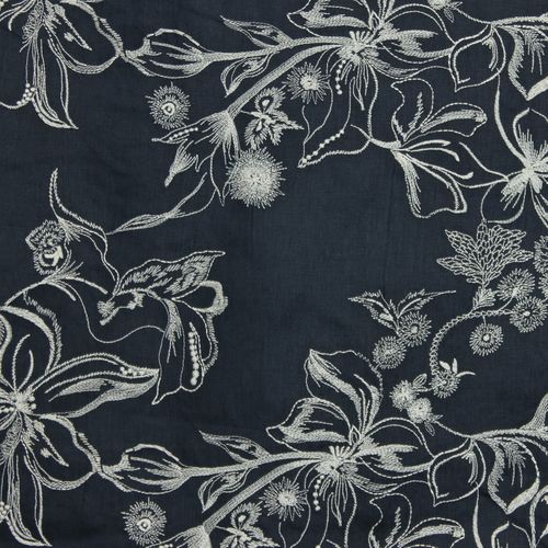 Donkerblauw linnen met geborduurde bloemen - stoffen van leuven
