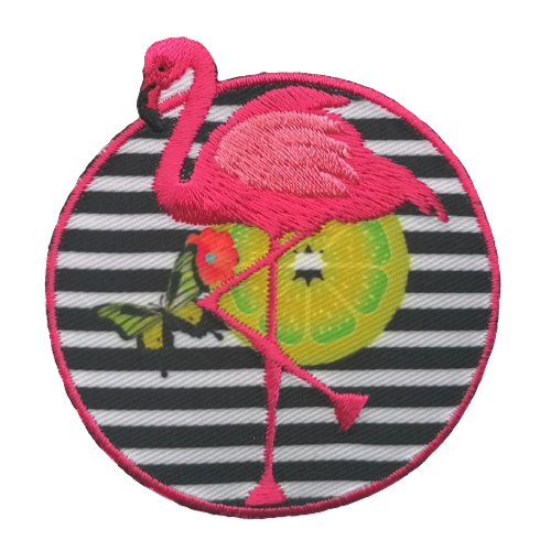 Applicatie - ronde patch met flamingo en gestreepte achtergrond - 6 cm - stoffen van leuven