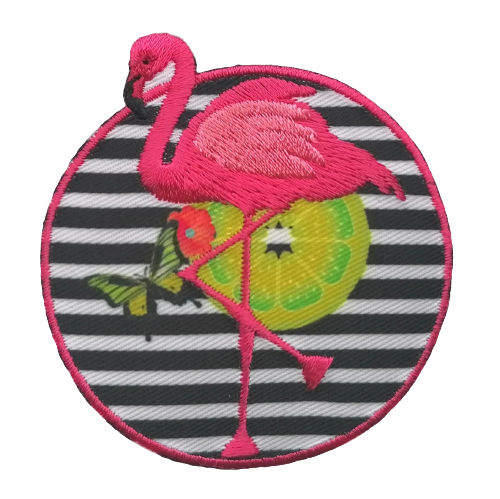Applicatie - ronde patch met flamingo en gestreepte achtergrond - 6 cm