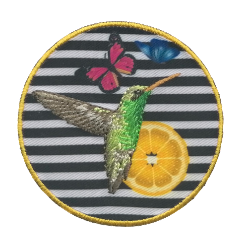 Applicatie - ronde patch met kolibri (vogel) en gestreepte achtergrond - 6 cm - stoffen van leuven