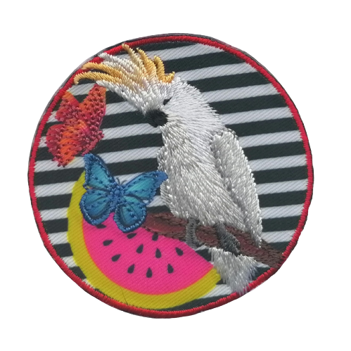 Applicatie - ronde patch met kaketoe (vogel) en gestreepte achtergrond - 6 cm