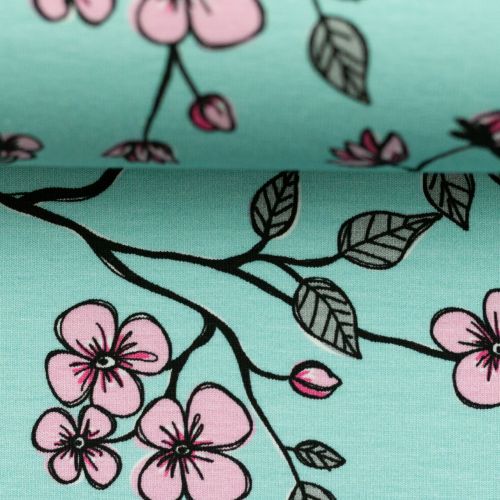 Blauwe tricot met roze bloemen en vogeltjes - Valerie Papillon by Steinbeck