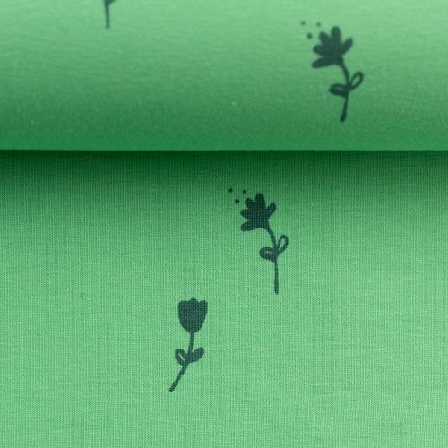 Groene katoen tricot met bloemetjes Veronika FS21