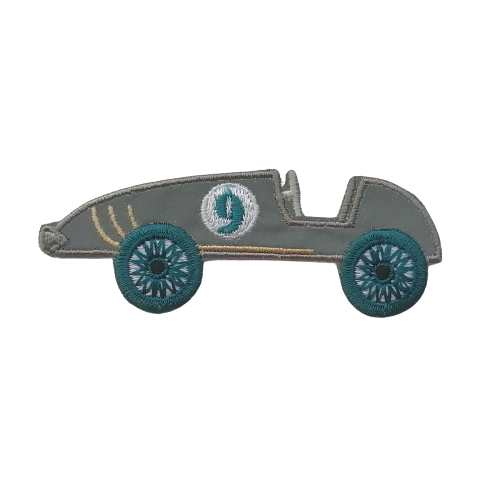 Opstrijkbare applicatie - grijze fluorescerende racewagen - 8,5 x 3 cm