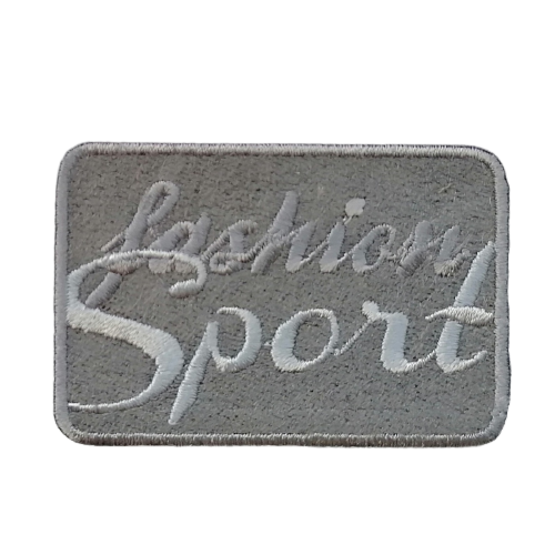 Applicatie - grijs met tekst 'fashion sport' - 6 x 4 cm