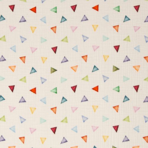 Witte double gauze met kleurrijke driehoeken - stoffen van leuven