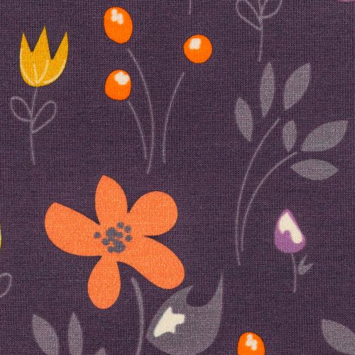 Donkerpaarse tricot met oranje en mauve bloemen