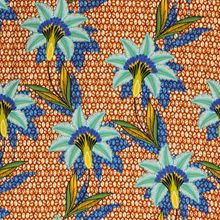Polyester met retro print, oranje ovalen achtergrond met bloemen