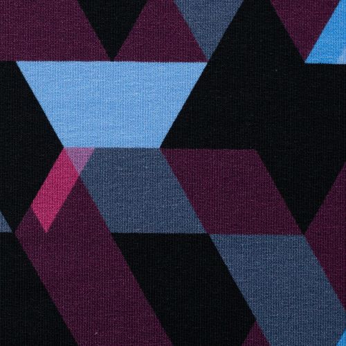 French Terry met blauw geometrisch patroon