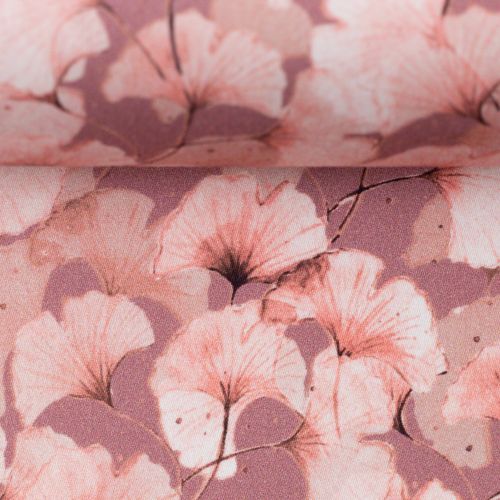 Roze katoen stretch met Japanse notenboom bladeren