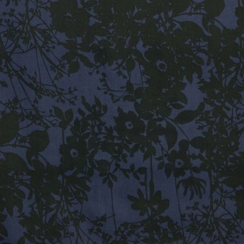 Tencel donkerblauw met zwarte takken en bloemen - Stitched By You